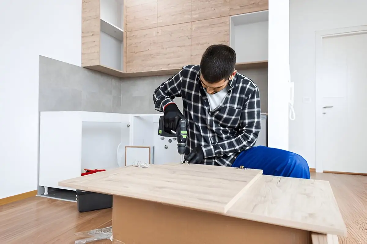 Professioneller Küchenmonteur beim Aufbau von Küchenschränken Berlin